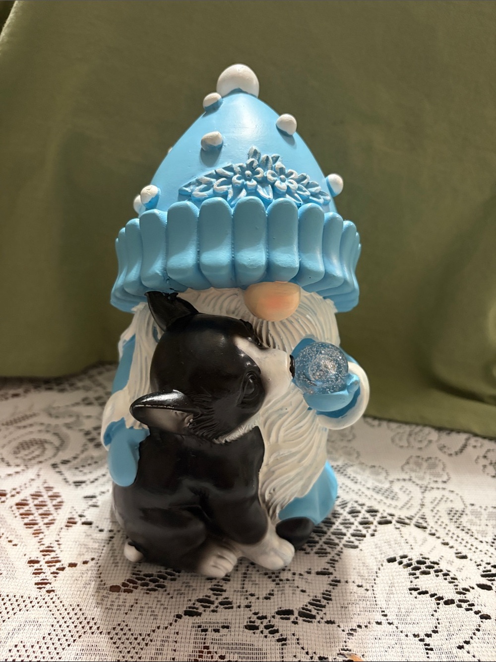 Blue Gnome with Black & White Dog yard decor- solar powered